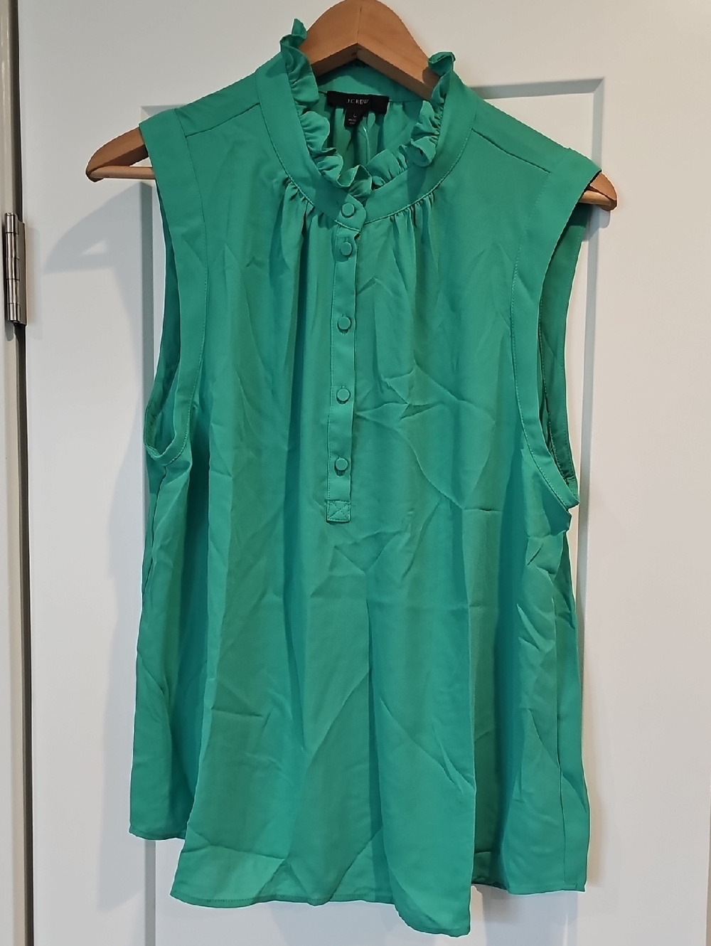 J. Crew Sleeveless Ruffle-Neck Button Placket Top - Teal Green